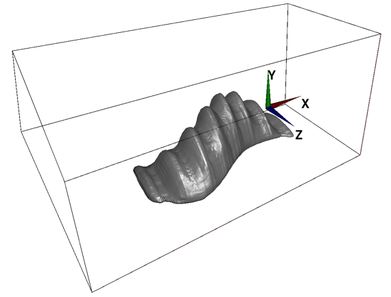 A 3D model constructed by stretching bcYZ0.bmp to the size of the other input images (bcXY0.bmp and bcZX0.bmp).