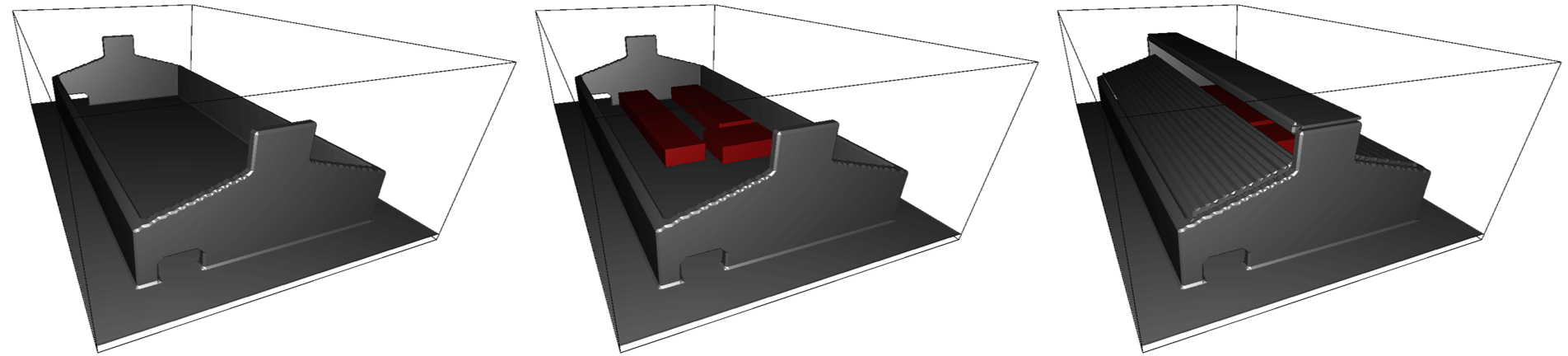 建物3次元図（左：外壁及び床のみ、中：熱源あり、右：屋根あり）。