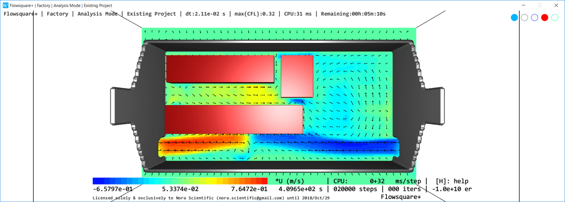 床面近傍のxz断面における流速分布。色はx（横）方向速度。