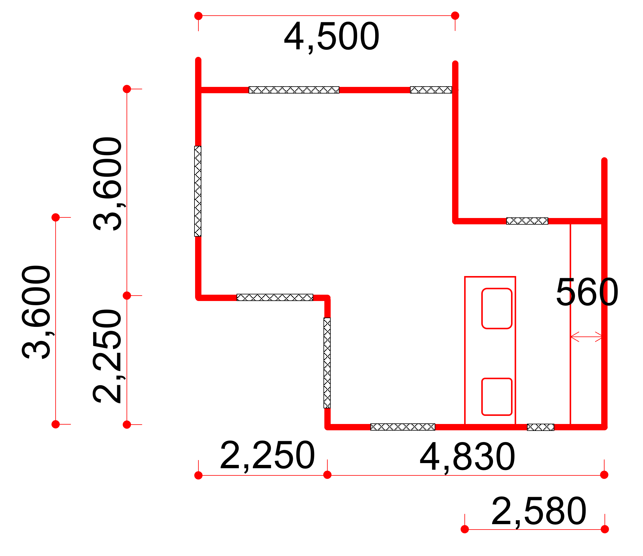 Traced LDK area and dimensions (length in mm). Windows and doors are in hatching (they are closed in the present simulations, so they are treated as walls).