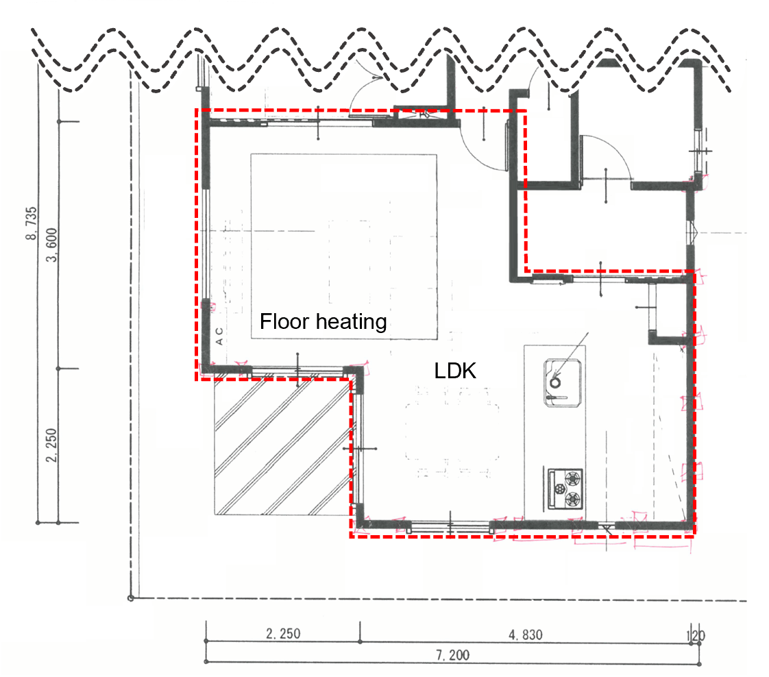 The actual floor plan of a house (length in mm).