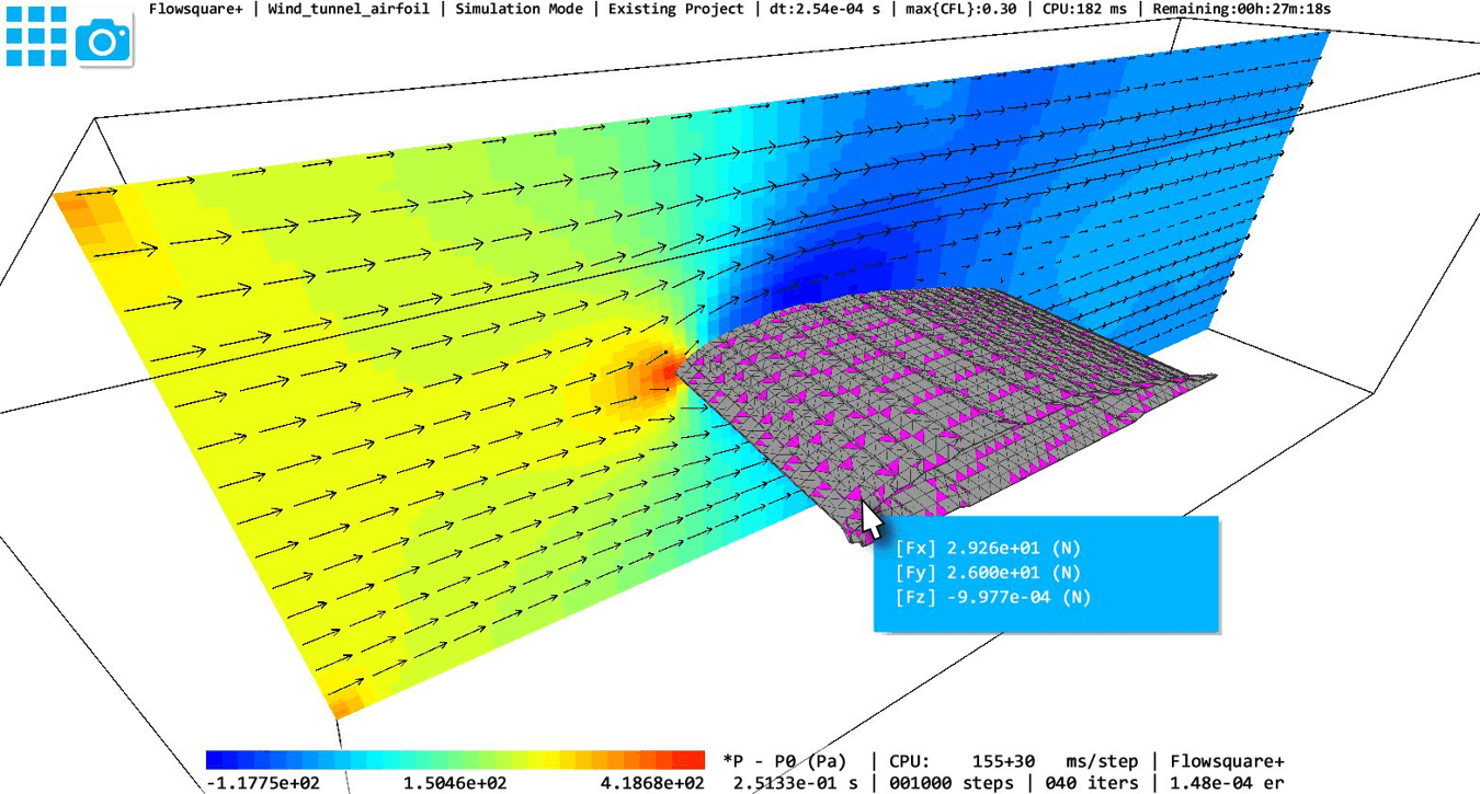 XY-cross-sectional pressure distribution and hydrodynamic forces (Drag: Fx, Lift: Fy) on the airfoil.