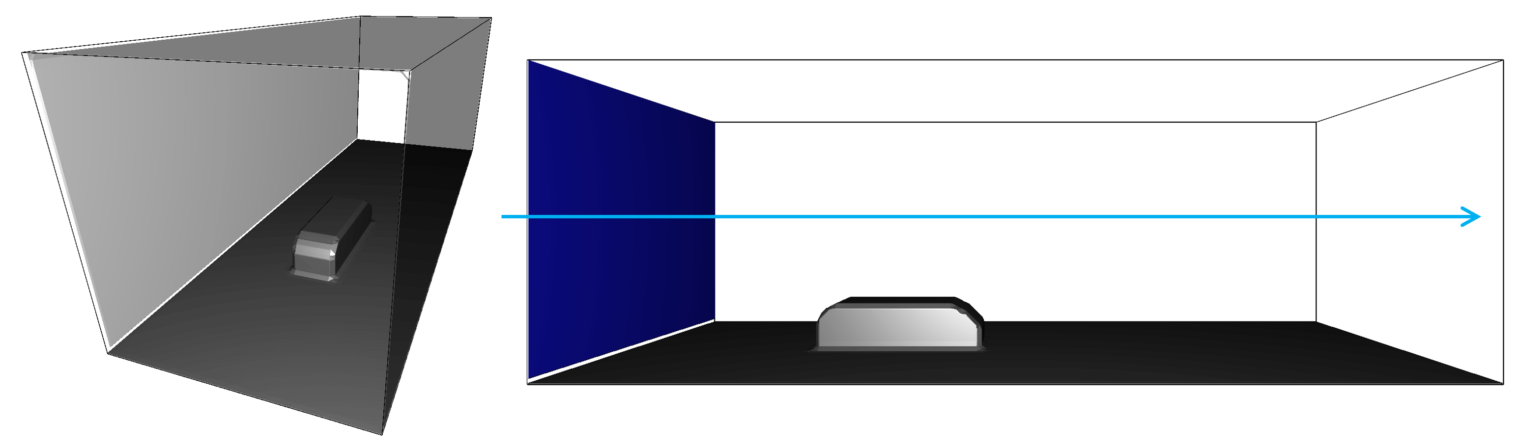 風洞3次元図（左：流入境界側から風洞及び対象物体を表示、右：側面側から対象物体及び流入境界を表示、矢印は主流方向を示す）。